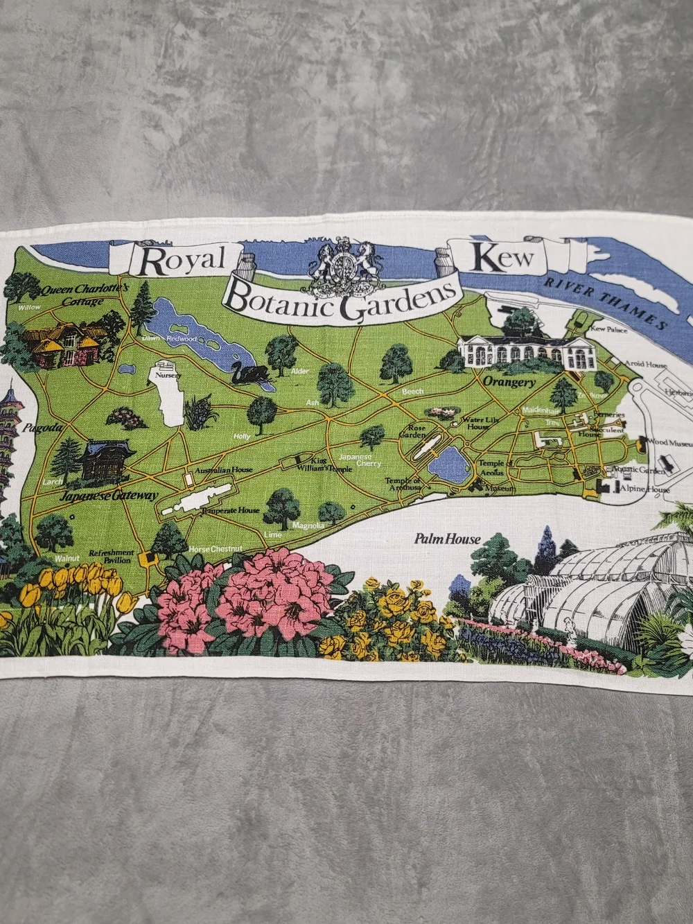 Vintage Royal Botanic Gardens Kew Map Tea Towel Irish Linen Pictorial Souvenir